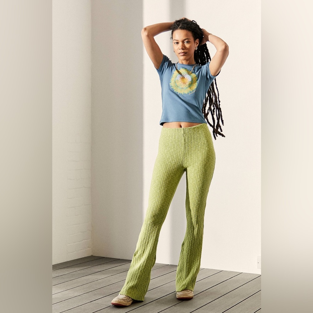 Urban Outfitters Rosie Ribbed High-Waisted Flare Pants Yellow Green Knit Small
